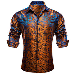 Copper Paisley Button Down Shirt Casual Silk Long Sleeve Dress Shirt