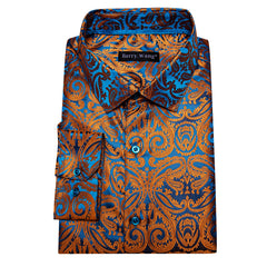 Brown Casual Shirt for Men Paisley Long Sleeve Button Down Shirt
