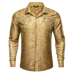 Mens Gold Dress Shirt Paisley Silk Long Sleeve Button Down Formal Shirts
