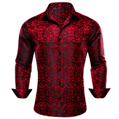 Mens Western Shirt Casual Red Paisley Jacquard Long Sleeve Button Down Shirt