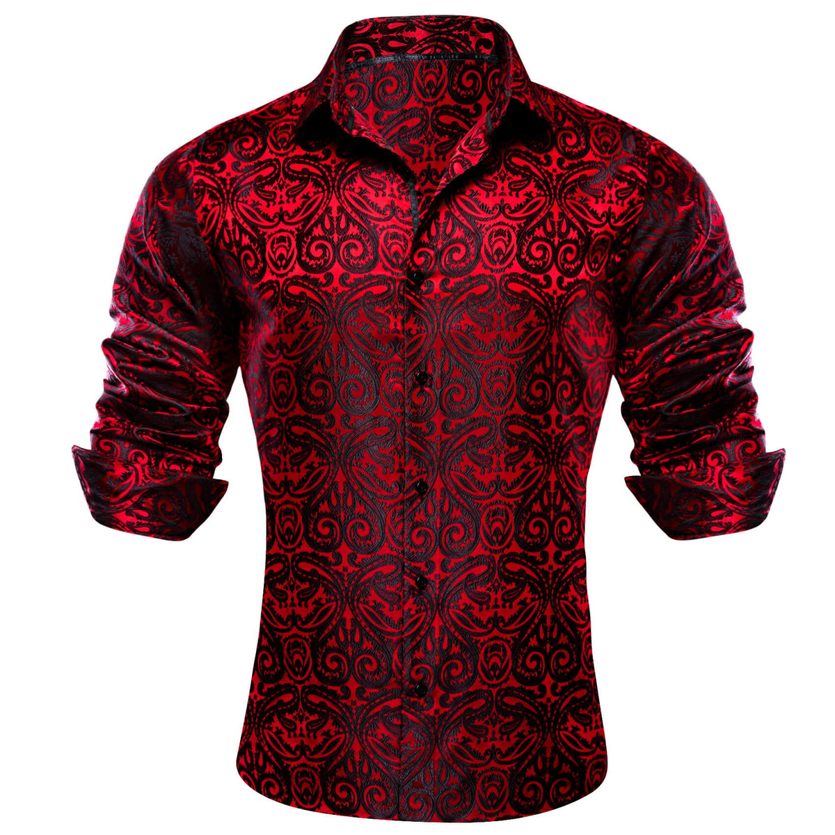 Mens Western Shirt Casual Red Paisley Jacquard Long Sleeve Button Down Shirt