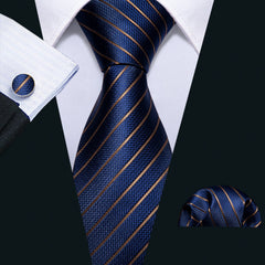 Navy Blue Striped Tie Gold Silk Necktie Pocket Square Cufflinks Set for Men Business