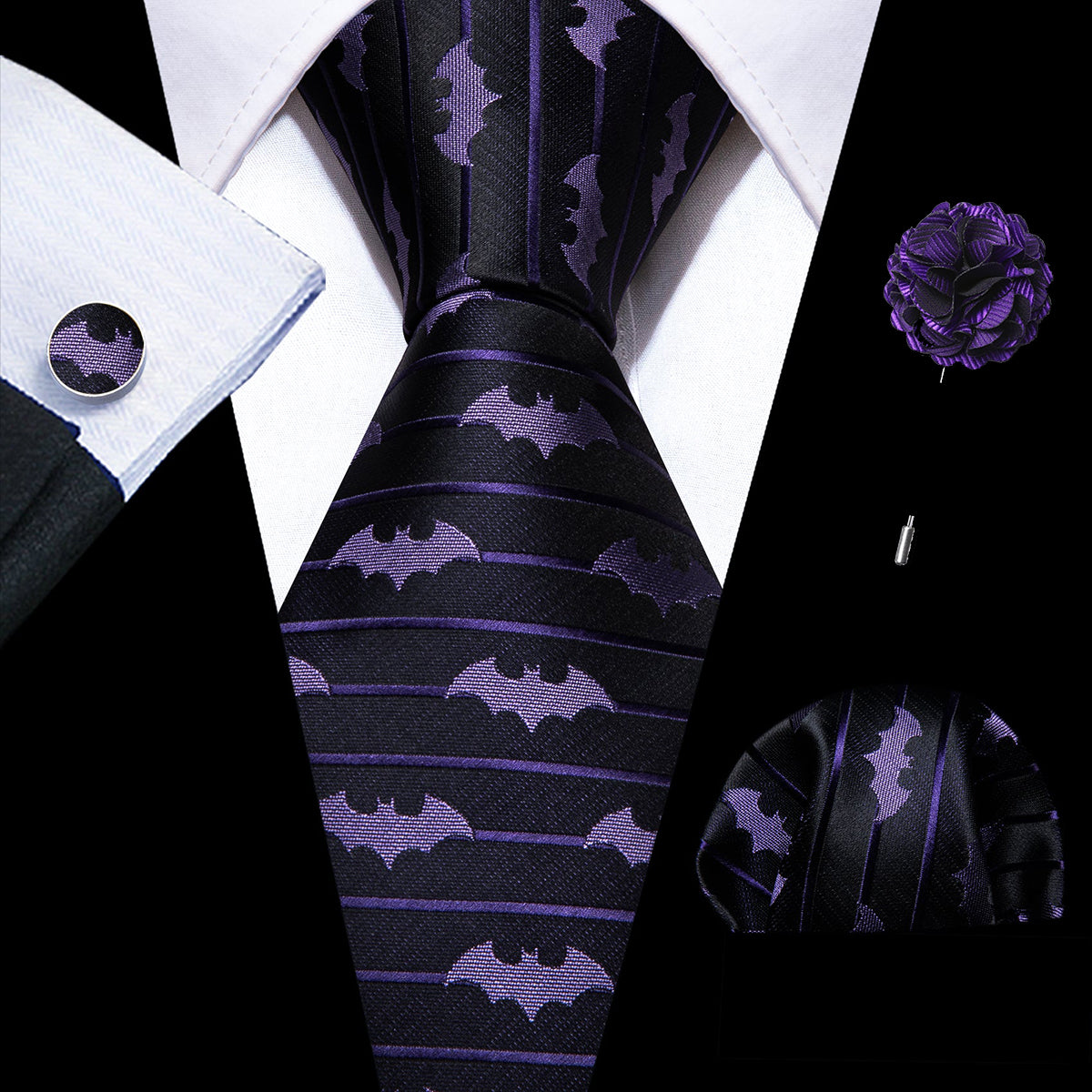 Purple Bat Necktie Mens Black Tie Hanky Cufflinks Set with Lapel Pin Gift Box
