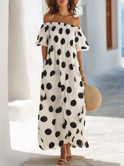 Resort-style Black And White Polka Dot Off-the-shoulder Maxi Dress