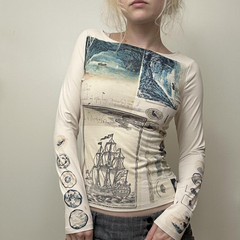 Printed long-sleeved top