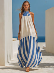 Resort-Style Blue And White Striped Chiffon Halter Neck Sleeveless Maxi Dress