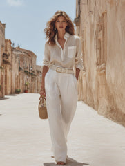 Vacation-style Cotton And Linen Shirt And Trousers Set