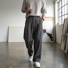 Elegant Cotton Men's Trousers – Wide Leg Pleated Pants, Casual Office Slacks, Minimalist Streetwear, Loose Fit Dress Pants