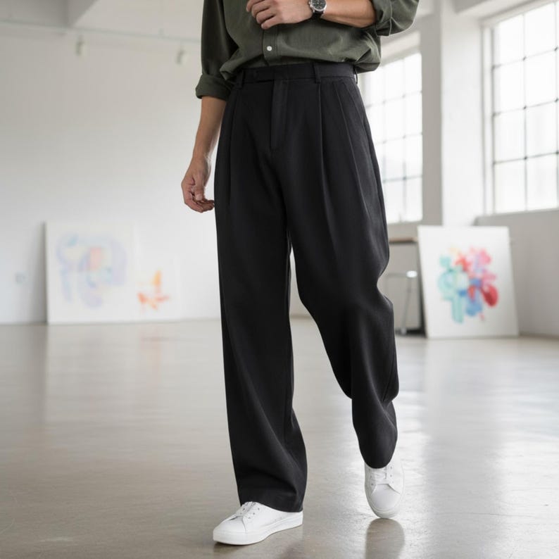Elegant Cotton Men's Trousers – Wide Leg Pleated Pants, Casual Office Slacks, Minimalist Streetwear, Loose Fit Dress Pants