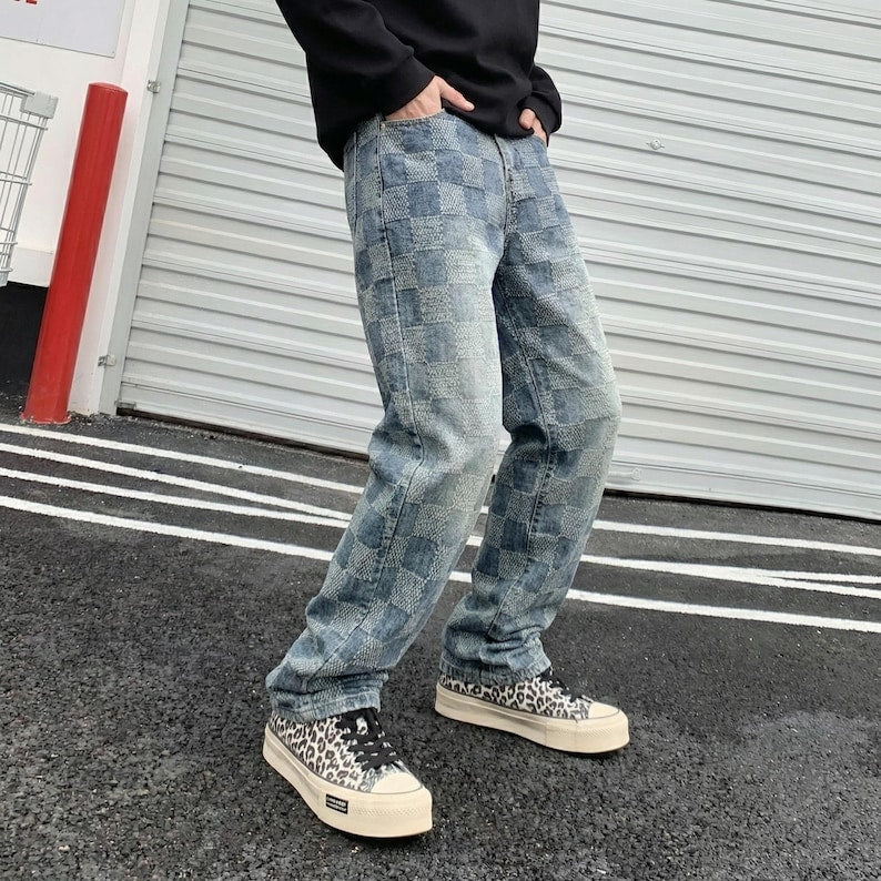 Harajuku Kawaii Y2K Retro American-Style Plaid Patchwork Jeans | Trendy Loose Straight Men’s Pants