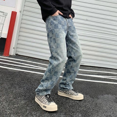 Harajuku Kawaii Y2K Retro American-Style Plaid Patchwork Jeans | Trendy Loose Straight Men’s Pants