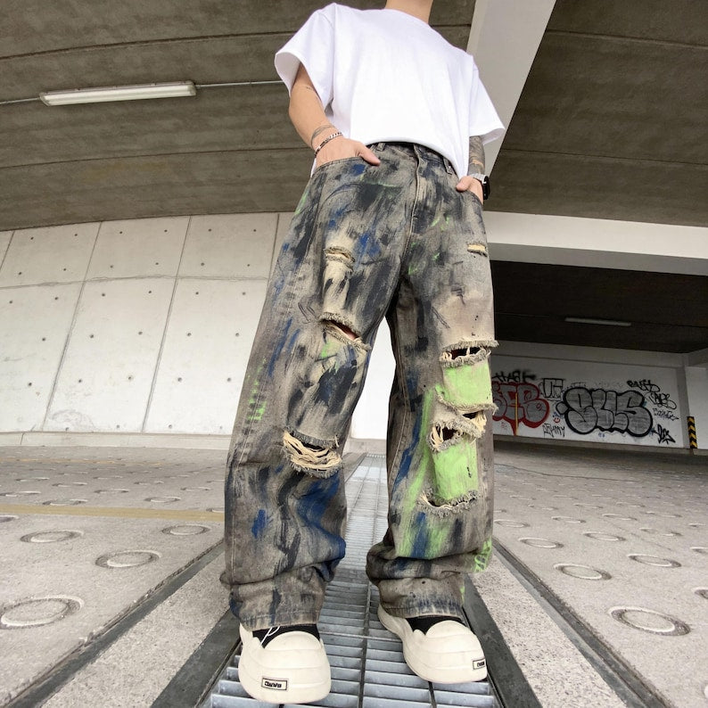 Wasteland Style Ripped Jeans Y2K Retro | American Wide-Leg Scimitar Pants Harajuku Kawaii Unisex