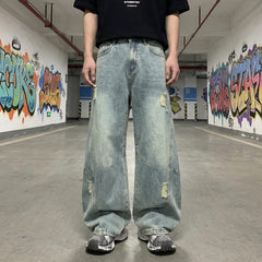 Light Blue Washed Jeans Y2K Retro | Loose Straight Leg Vintage Pants Harajuku Kawaii Men
