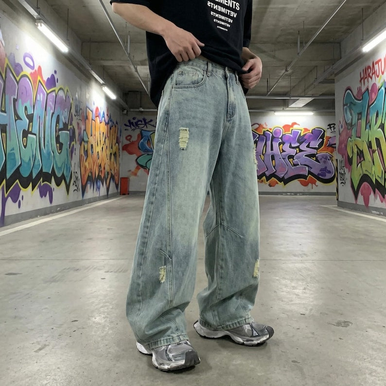 Light Blue Washed Jeans Y2K Retro | Loose Straight Leg Vintage Pants Harajuku Kawaii Men