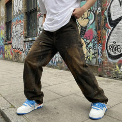 Wasteland Style Spliced Jeans Y2K Retro | American Heavy-Duty Workwear Pants Harajuku Kawaii Men