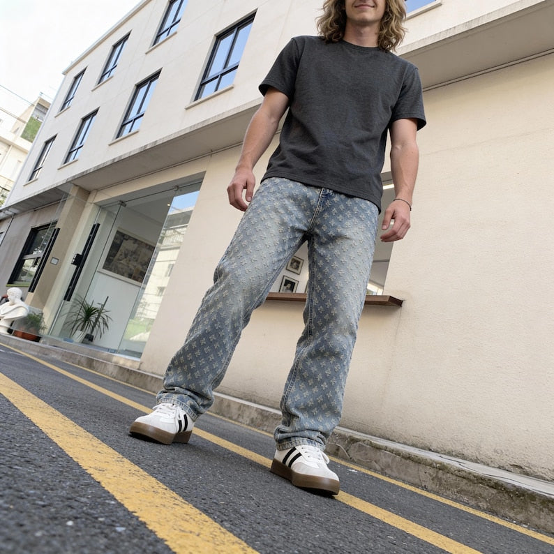 Harajuku Kawaii Y2K Retro Jacquard Jeans Unisex | High-End American Style Loose Straight Casual Pants