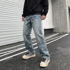 Harajuku Kawaii Y2K Retro American-Style Plaid Patchwork Jeans | Trendy Loose Straight Men’s Pants
