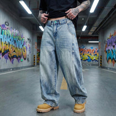 Light Blue Washed Jeans Y2K Retro | Loose Straight Leg Vintage Pants Harajuku Kawaii Men