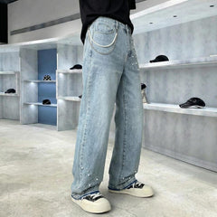 Paris-Style Beaded Jeans for Men – Trendy Streetwear Loose Straight-Leg Wide-Leg Pants
