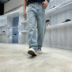 Paris-Style Beaded Jeans for Men – Trendy Streetwear Loose Straight-Leg Wide-Leg Pants