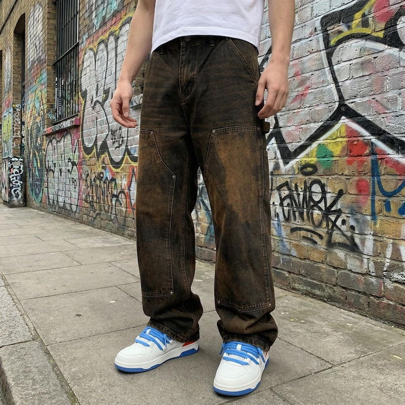 Wasteland Style Spliced Jeans Y2K Retro | American Heavy-Duty Workwear Pants Harajuku Kawaii Men