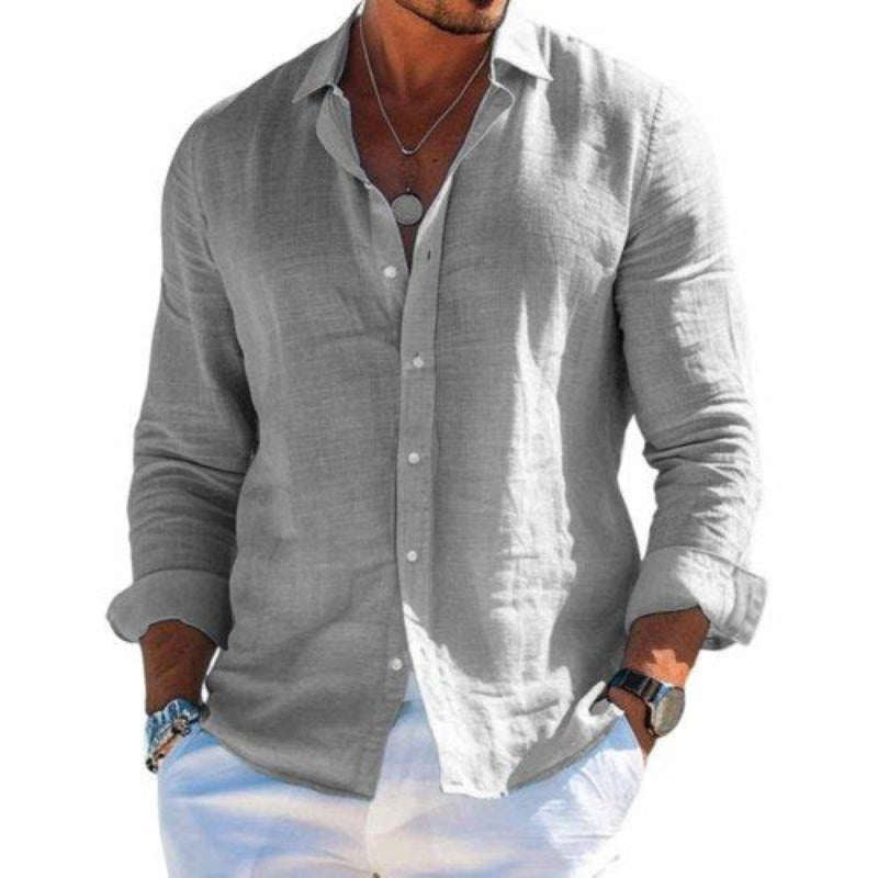 Men's Cotton and Linen Casual Solid Color Lapel Shirt